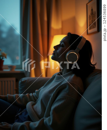 Peaceful evening relaxation with headphones and soft lighting 124536899