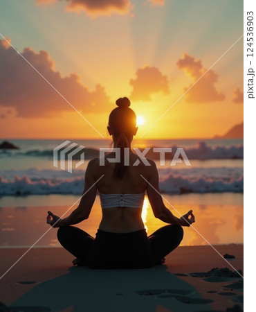 Peaceful sunrise meditation on tranquil beach 124536903