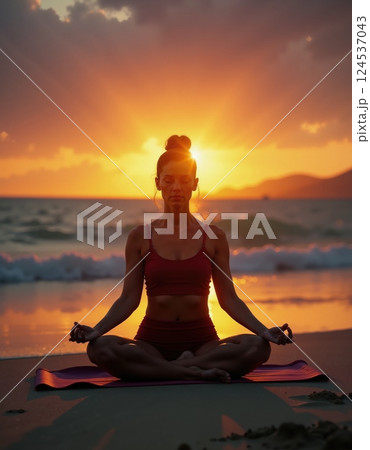 Serene sunset yoga on beach - mindfulness and meditation in nature for inner peace and relaxation 124537043