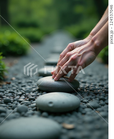 Serenity and balance: hands arranging smooth stones in a zen garden for relaxation and meditation 124537046
