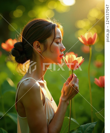 Serenity and nature: woman enjoying tranquil garden at sunset 124537047