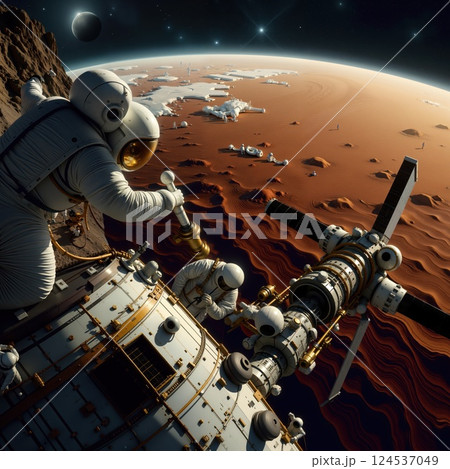Space exploration on mars: astronauts working on satellite amid martian landscape 124537049