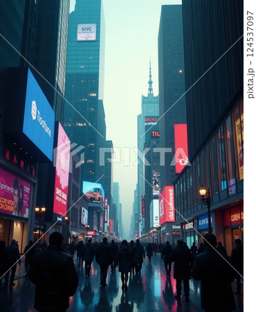 Urban skyline at dusk with neon advertisements in a bustling cityscape 124537097