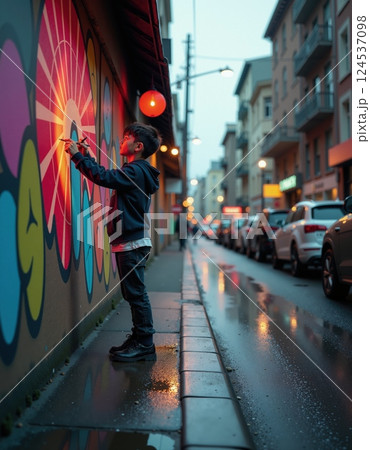 Urban street art exploration - child interacting with vibrant wall mural in cityscape 124537098