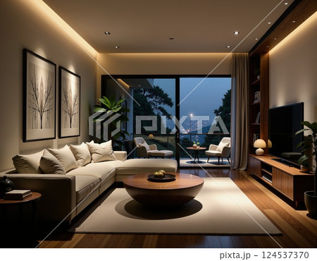 Elegant modern living room with cozy lighting and panoramic city view 124537370