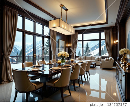 Luxurious alpine dining room in a modern chalet with panoramic mountain views Luxurious alpine dining room in a modern chalet with panoramic mountain views 124537377