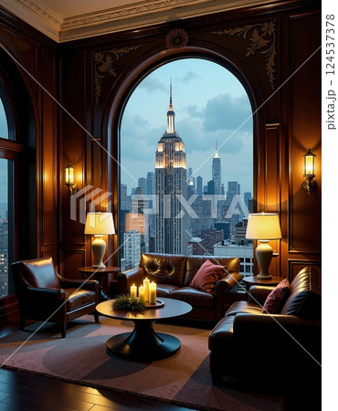 Luxurious evening lounge with empire state building view - urban elegance and cozy ambiance 124537378