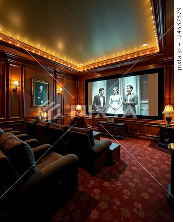 Luxurious home theater room with vintage film screening 124537379