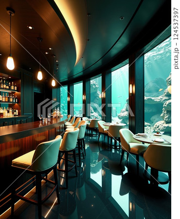 Luxurious underwater restaurant with ocean view for dining experience and interior design 124537397