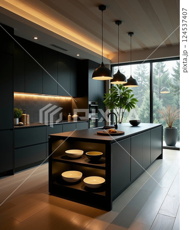 Modern dark kitchen interior with stylish minimalist design and large windows 124537407