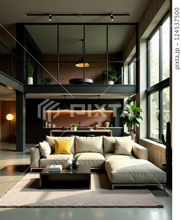 Modern loft living room with cozy minimalist decor and natural lighting 124537500