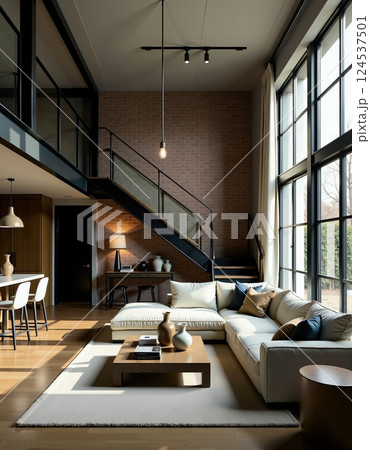 Modern loft living room with industrial design and natural light Modern loft living room with industrial design and natural light 124537501