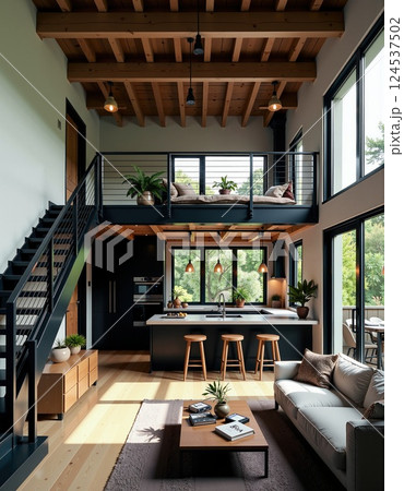 Modern loft living room with natural light and contemporary design elements 124537502