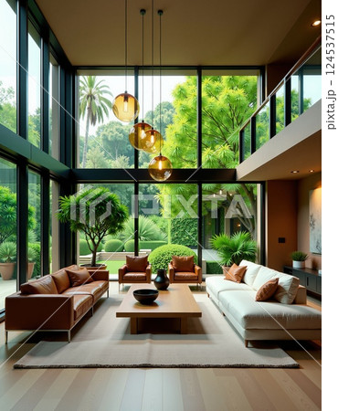 Modern luxury living room with floor-to-ceiling windows overlooking a lush garden 124537515