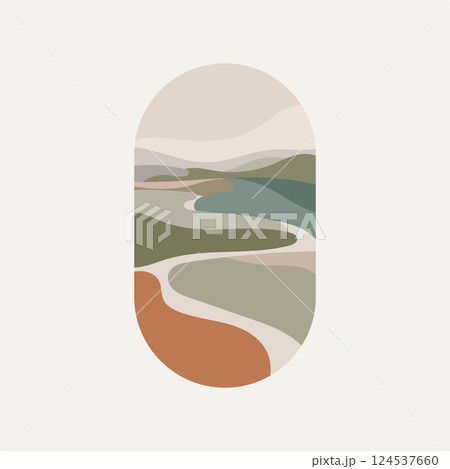 Flowing River Through Hills. A minimalistic landscape illustration featuring a winding river through rolling hills. 124537660