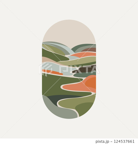 Flowing River Through Hills. A minimalistic landscape illustration featuring a winding river through rolling hills. Flowing River Through Hills. A minimalistic landscape illustration featuring a winding river through rolling hills. 124537661