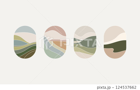 Minimalist Landscape Triptych. A set of three abstract landscape illustrations in soft earthy tones. Minimalist Landscape Triptych. A set of three abstract landscape illustrations in soft earthy tones. 124537662