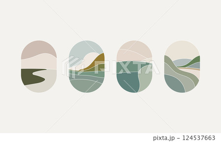 Minimalist Landscape Triptych. A set of three abstract landscape illustrations in soft earthy tones. Minimalist Landscape Triptych. A set of three abstract landscape illustrations in soft earthy tones. 124537663