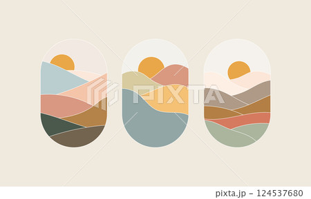 Sunset Over Layered Mountains. A harmonious landscape set featuring rolling hills and a glowing sun. 124537680