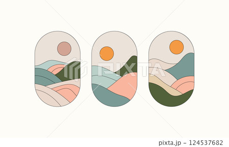 Scenic Horizon with Natural Curves. A gentle and elegant composition of hills, rivers, and sun in soft muted tones. Scenic Horizon with Natural Curves. A gentle and elegant composition of hills, rivers, and sun in soft muted tones. 124537682