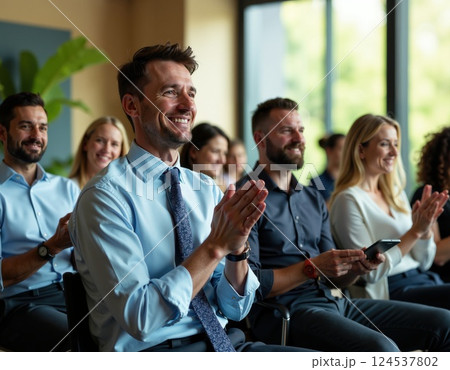 Business conference audience engaged in presentation and applause 124537802