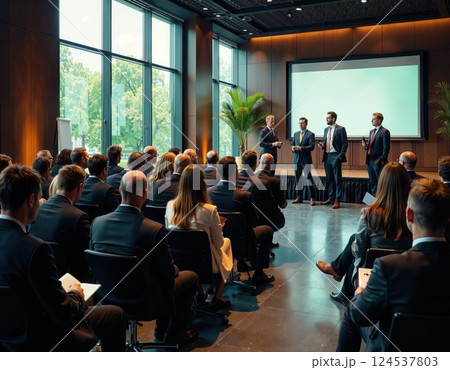 Business conference meeting in modern conference room with executives and professional attendees 124537803