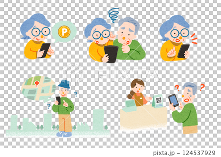 スマートフォンを使うシニア夫婦イラスト 124537929