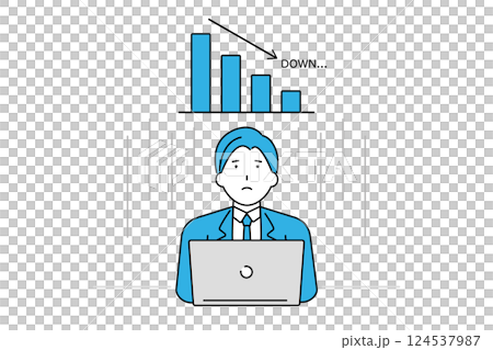 Illustration of a businessman with a troubled expression and a downward trending bar graph 124537987