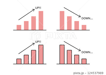 右肩上がりと右肩下がりの棒グラフのバリエーションイラスト 124537989