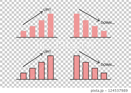 右肩上がりと右肩下がりの棒グラフのバリエーションイラスト 124537989