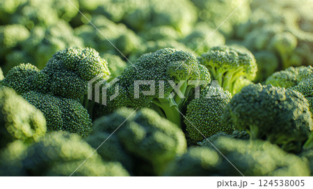 Fresh organic broccoli in lush green field. concept of healthy eating, organic farming, fresh produce, natural growth 124538005
