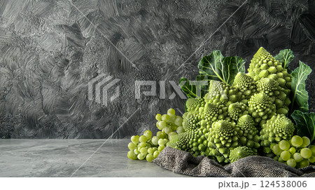 Fresh Romanesco broccoli and grapes on rustic table. concept of healthy eating, vegetables, organic farming, natural produce, green diet, Copy space 124538006