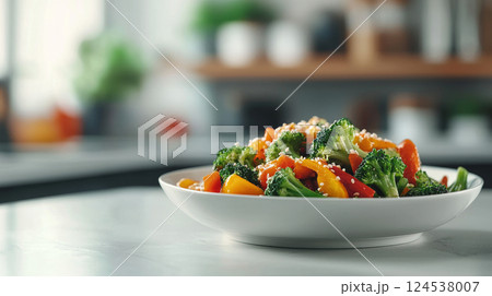 Delicious vegetarian dish with fresh vegetables in modern kitchen. concept of healthy eating, home cooking, plant-based diet, Broccoli Vegetable Salad, Copy space 124538007