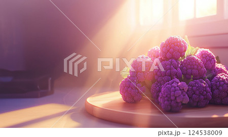 Morning sunlight illuminating fresh purple cauliflower on wooden board. concept of healthy cooking, organic produce, bright kitchen ambiance, Copy space 124538009