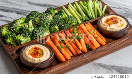 Healthy vegetarian platter with carrots, broccoli, celery sticks, and hummus. concept of nutritious eating, delicious snacks, fresh ingredients 124538010