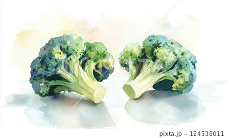 Watercolor illustration of fresh broccoli on kitchen table. concept of healthy eating, organic vegetables, artistic food art, White background 124538011