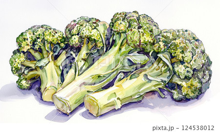 Watercolor illustration of fresh broccoli showing organic food, healthy eating, and artistic vegetable art, White background 124538012