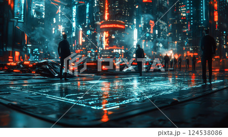 Futuristic cityscape with glass panel display and silhouetted figures in cyberpunk setting at night. Concept of sci-fi metropolis, high-tech urban environment, cyber dystopia, digital future neon noir 124538086