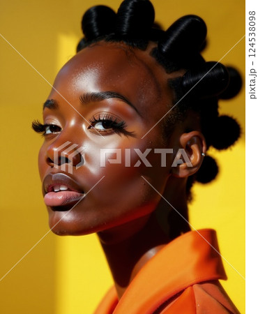 Portrait of a woman with bold hairstyle against vibrant yellow background 124538098