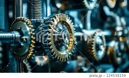 Intricate mechanical gears showcasing advanced engineering and precision printing techniques in industrial machinery concept 124538159