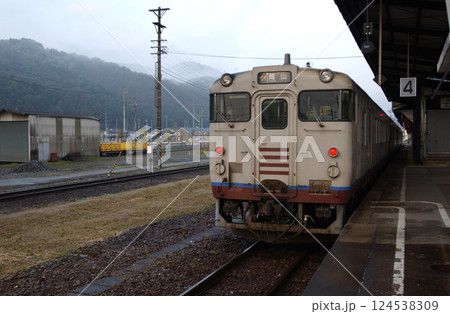 山奥の駅に停車しているディーゼル列車 124538309