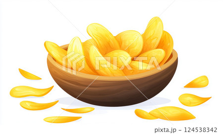 A Bowl of Crispy Potato Chips with a Golden Texture in a Wooden Bowl. Concept of Tasty Snacks, Comfort Food, Crispy Delights, Culinary Enjoyment 124538342