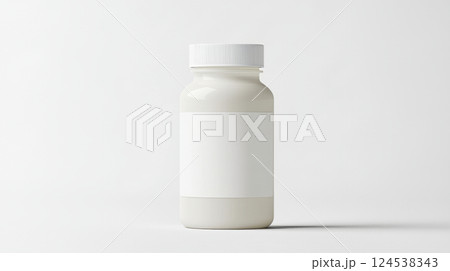 Clean White Bottle for Dietary Supplements with blank label on Minimalist White Background. Concept of Health Supplements, Minimalism, Product Packaging, Wellness Lifestyle. Mockup. Copy space 124538343