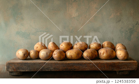 Earthy Fresh Potatoes Arranged on Rustic Wooden Table Against Textured Background. Concept of Natural Produce, Farm Freshness, Organic Vegetables, Healthy Eating. Copy space 124538350