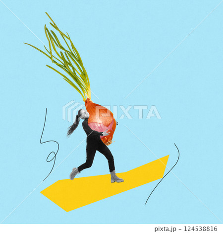 Woman carrying giant sprouted onion with joy on blue background. Surreal collage. Farming, gardening 124538816