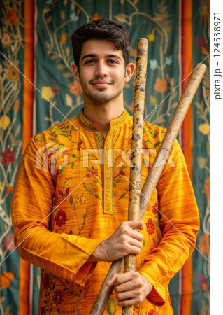 Portrait of Indian man in ethnic attire with dandiya sticks 124538971