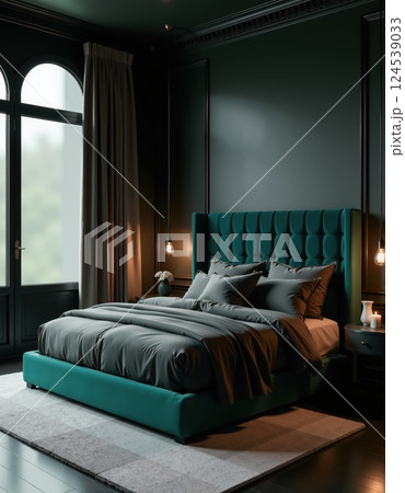 Elegant modern bedroom interior with teal accents and ambient lighting 124539033