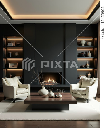 Elegant modern living room with cozy fireplace and minimalist decor 124539034