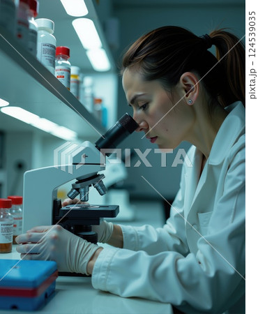 Female scientist conducting research with microscope in laboratory setting 124539035