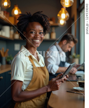 Friendly coffee shop atmosphere with smiling barista and modern ambiance 124539040